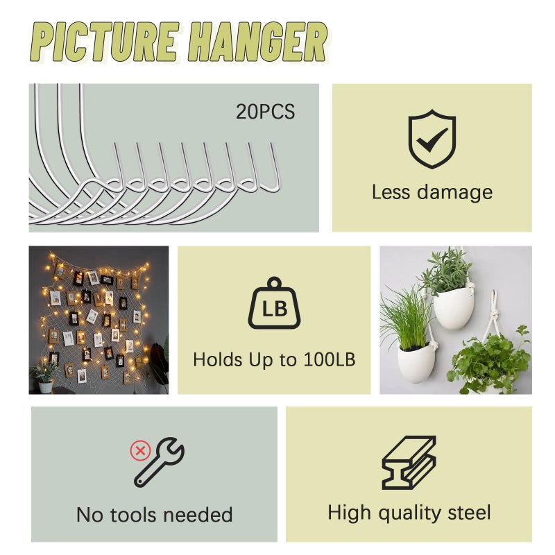 Furhua شماعة صور FURHUA Super Hooks، تعليق فني، ساعة، أرفف، مرايا، إطارات، أو مزارعات لديكورات المنزل والمكتب - فضي 20 قطعة - Image 3